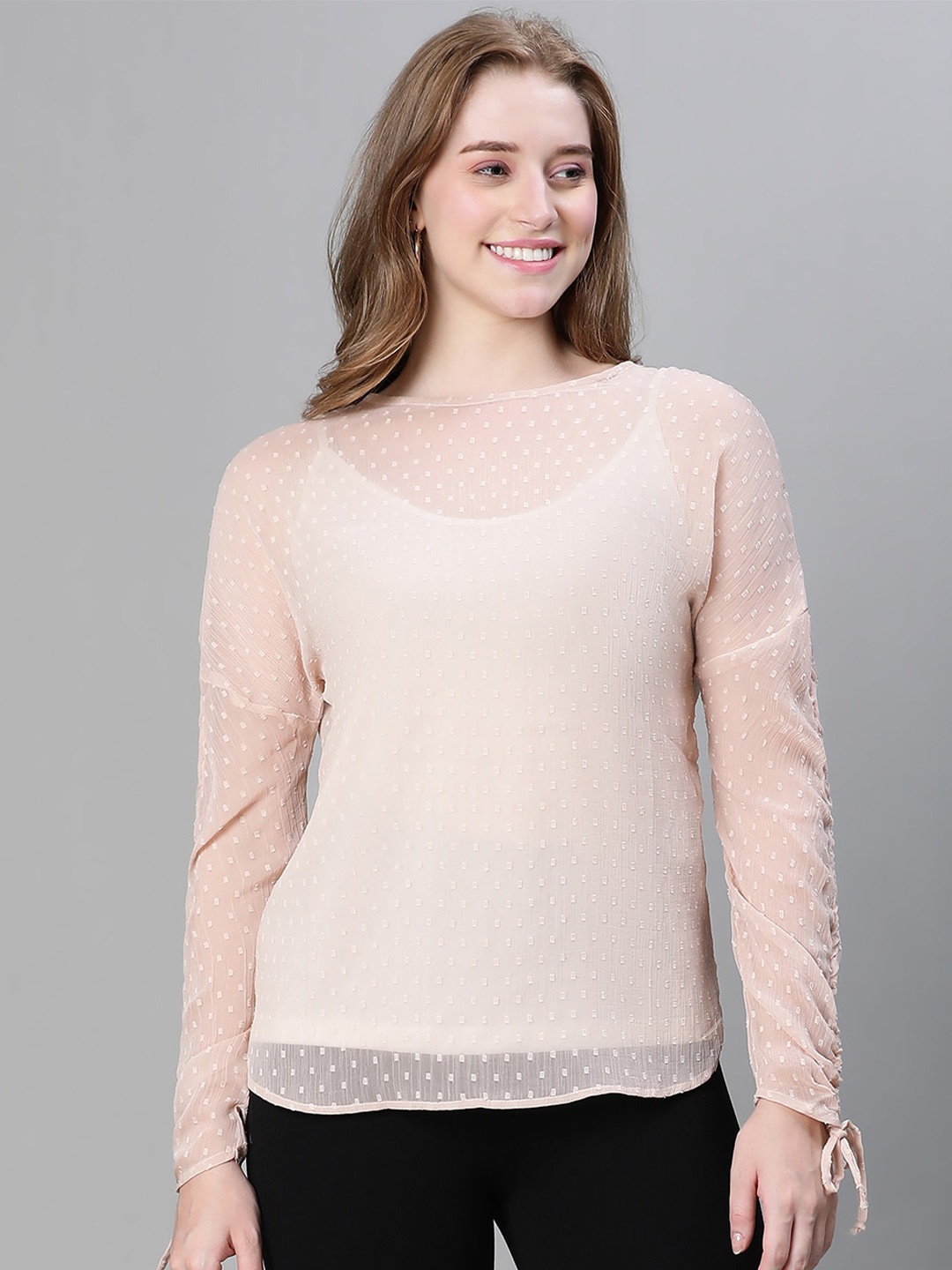 

Oxolloxo Self Design Sheer Tie-Ups Regular Top, Beige