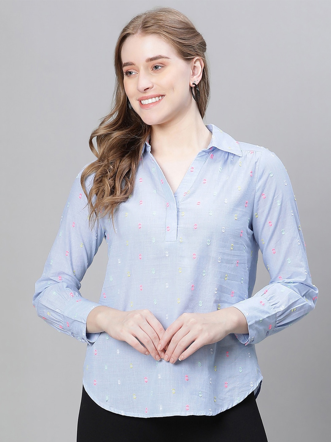 

Oxolloxo Abstract Embroidered Shirt Collar Pure Cotton Shirt Style Top, Blue