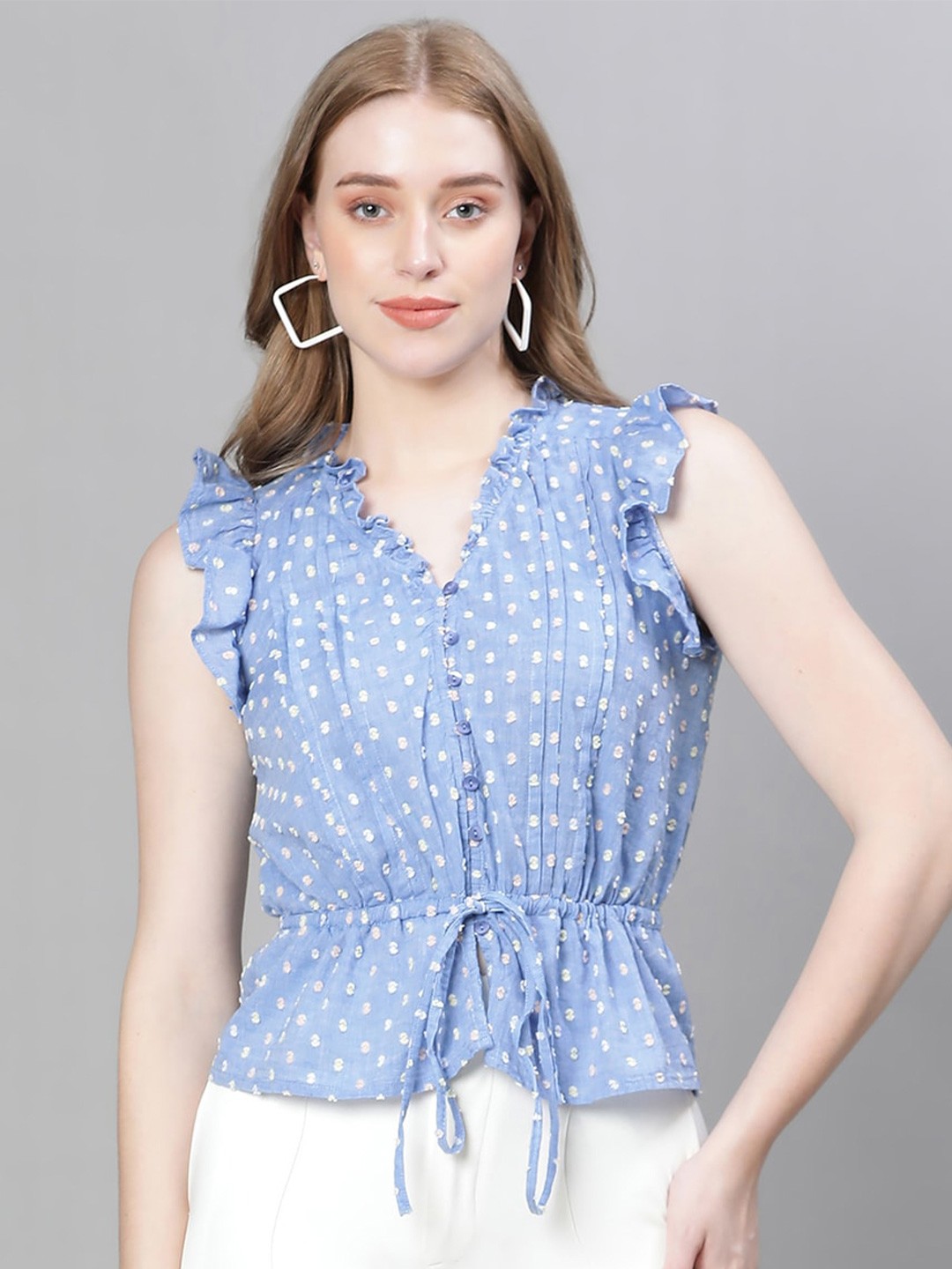 

Oxolloxo Self Design Ruffles Cinched Waist Organic Cotton Top, Blue