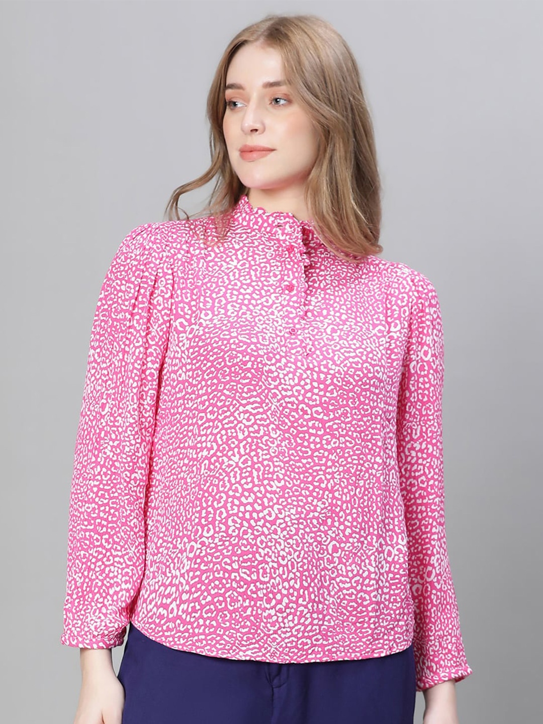 

Oxolloxo Abstract Printed Ruffles Shirt Style Top, Pink