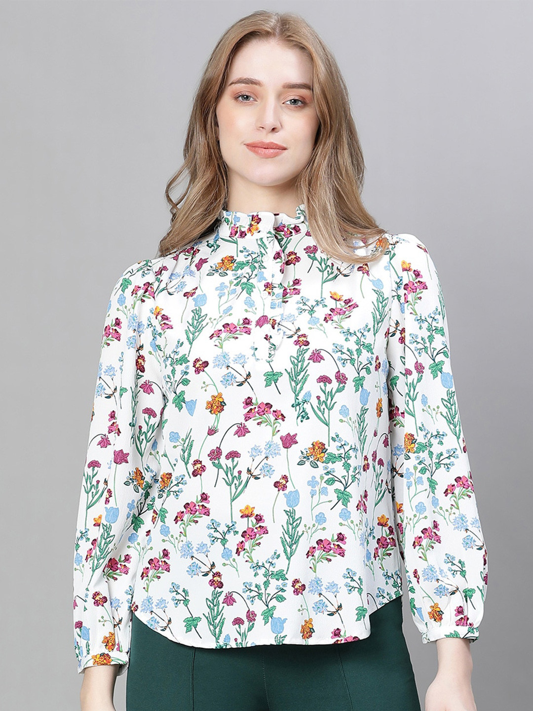 

Oxolloxo Floral Printed Puff Sleeve Ruffles Regular Top, White
