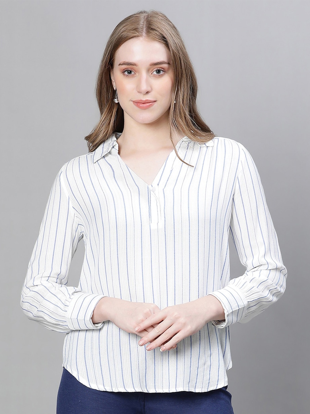 

Oxolloxo Striped Shirt Collar Organic Cotton Shirt Style Top, White