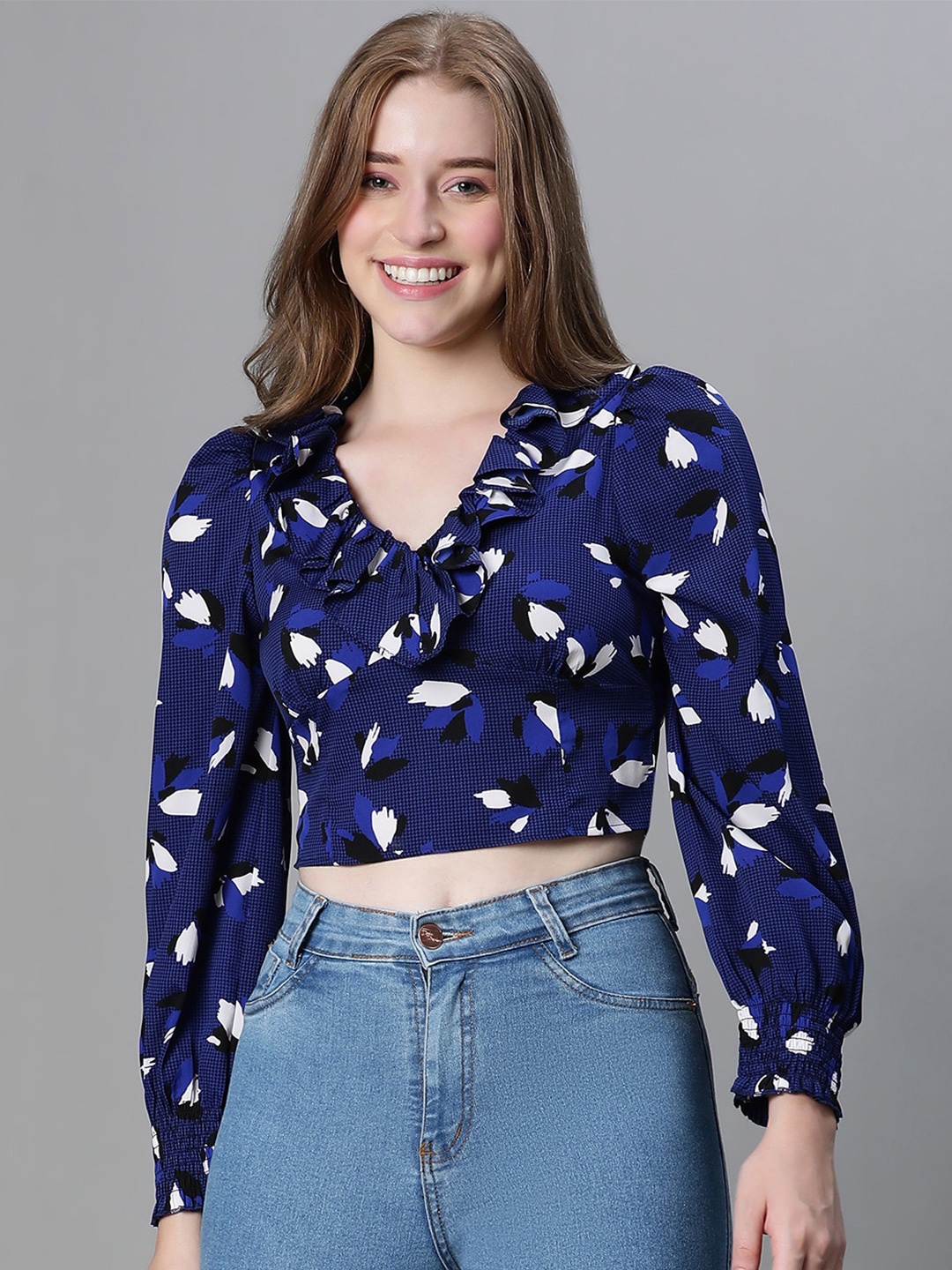 

Oxolloxo Floral Printed Ruffles Smocked Crop Regular Top, Blue