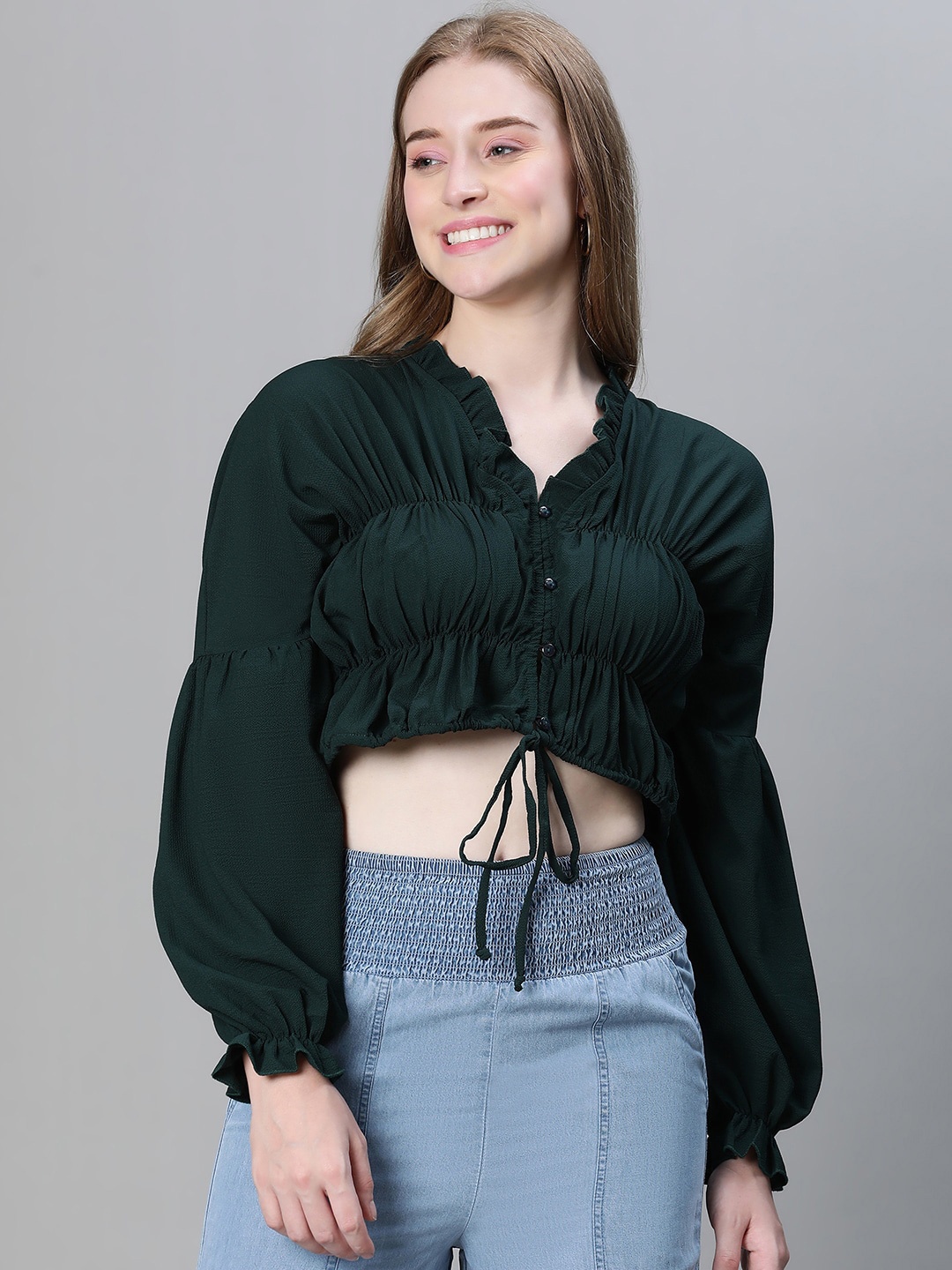 

Oxolloxo V-Neck Puff Sleeve Tie-Up Crop Top, Green