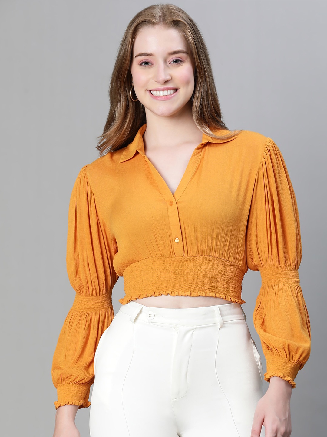 

Oxolloxo Shirt Collar Puff Sleeve Smocked Crepe Crop Top, Yellow