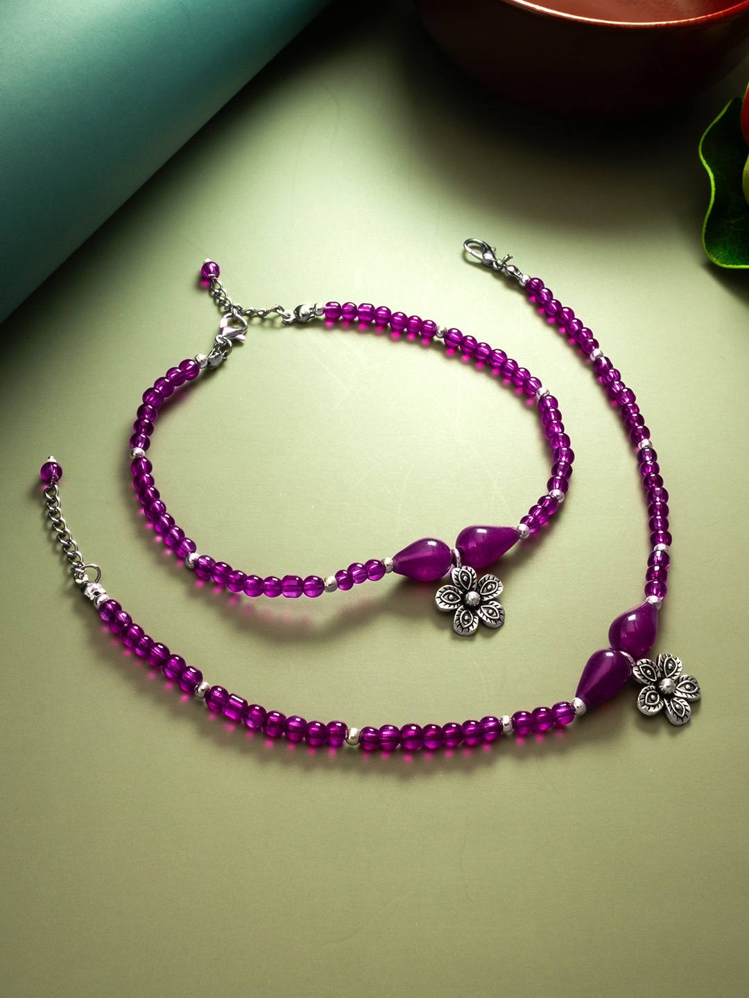 

aadita Silver-Plated Beaded Oxidised Anklets