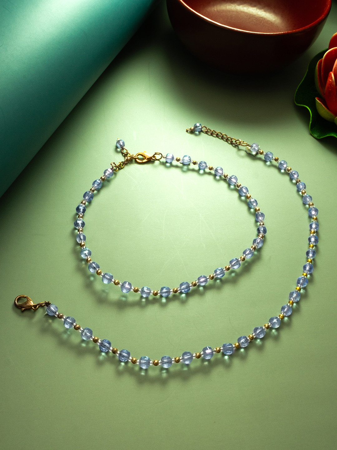 

aadita Set Of 2 Silver Artificial Beaded Oxidised Anklet