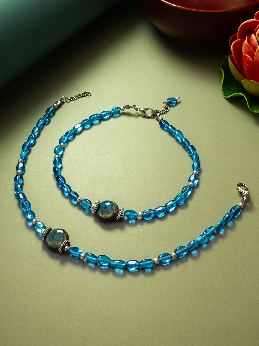 

aadita Set Of 2 Oxidised Beaded Anklets, Silver