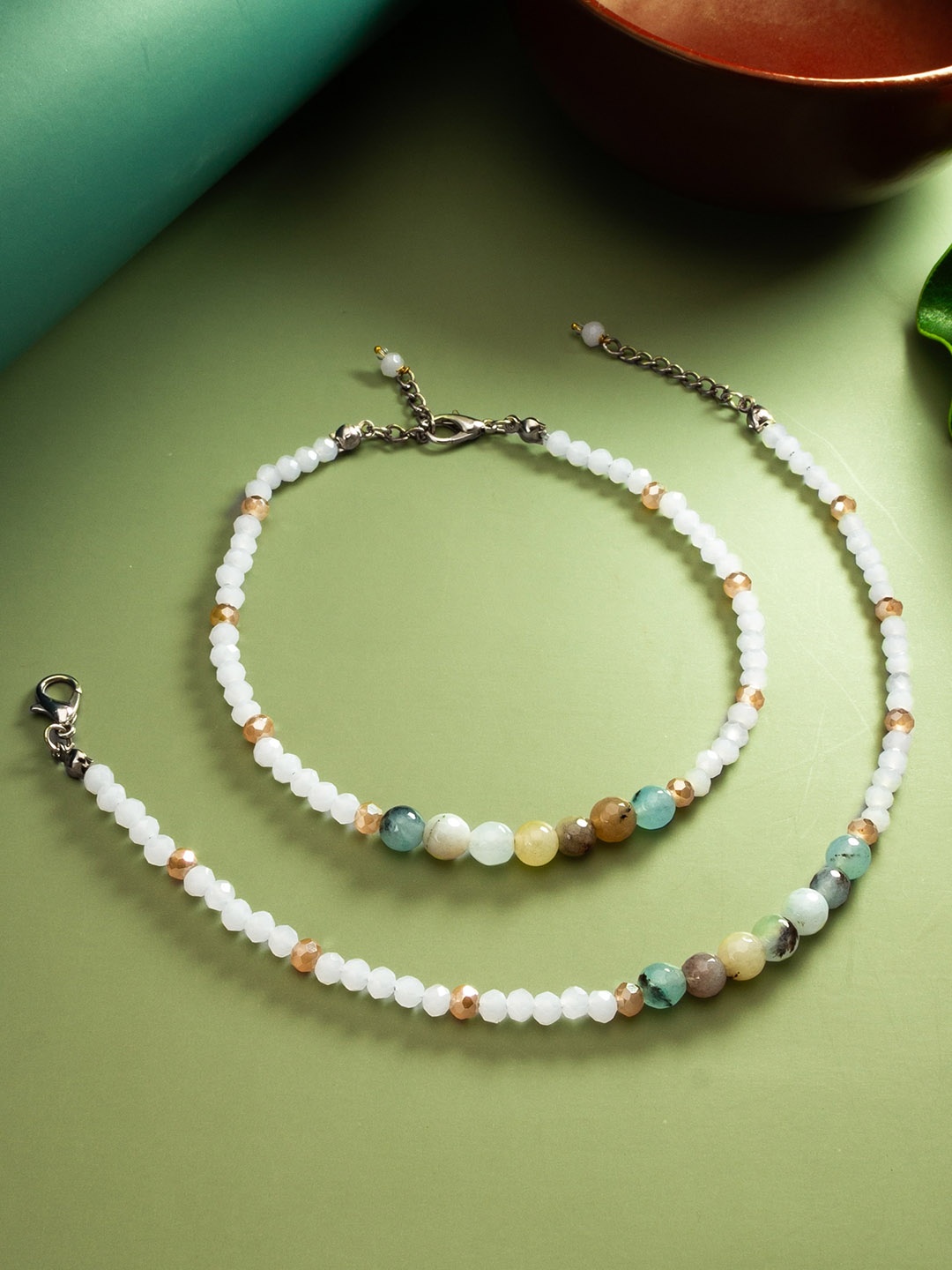 

aadita Beaded Oxidised Anklets, Silver