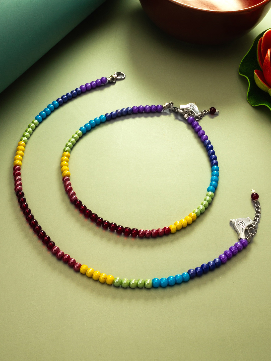 

aadita Beaded Oxidised Anklets, Silver