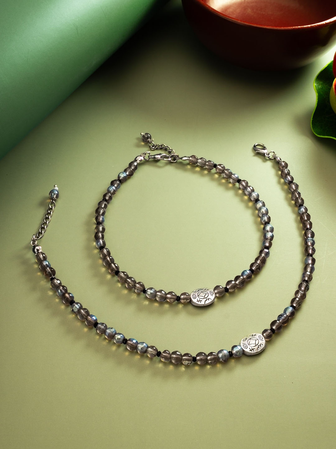 

aadita Beaded Oxidised Anklets, Silver