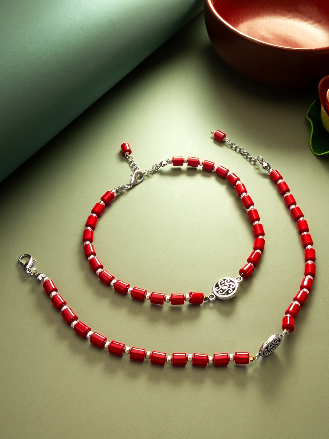 

aadita Set Of 2 Oxidised Beaded Anklets, Silver