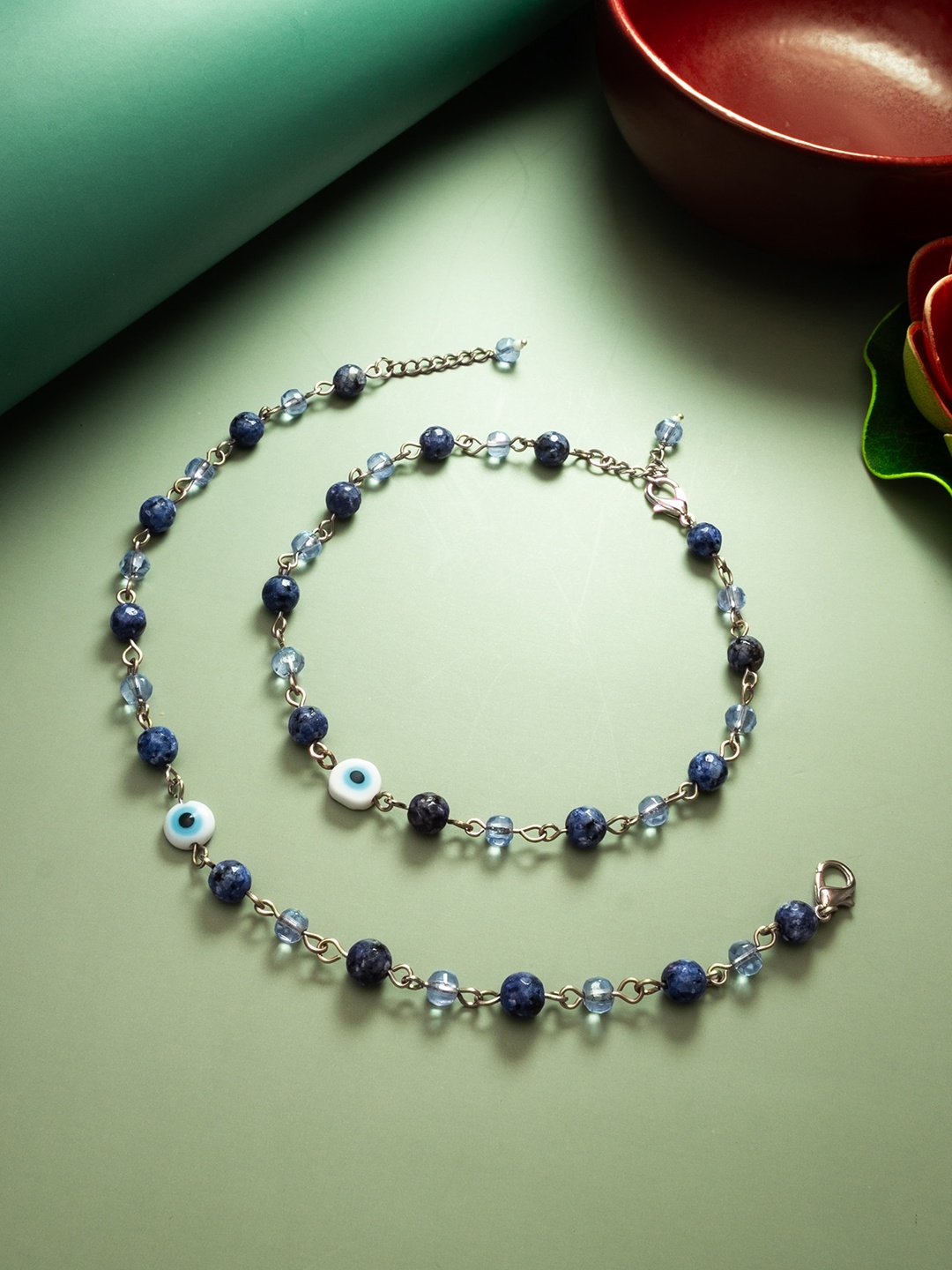 

aadita Set Of 2 Oxidised Evil-Eye Beaded Anklets, Silver