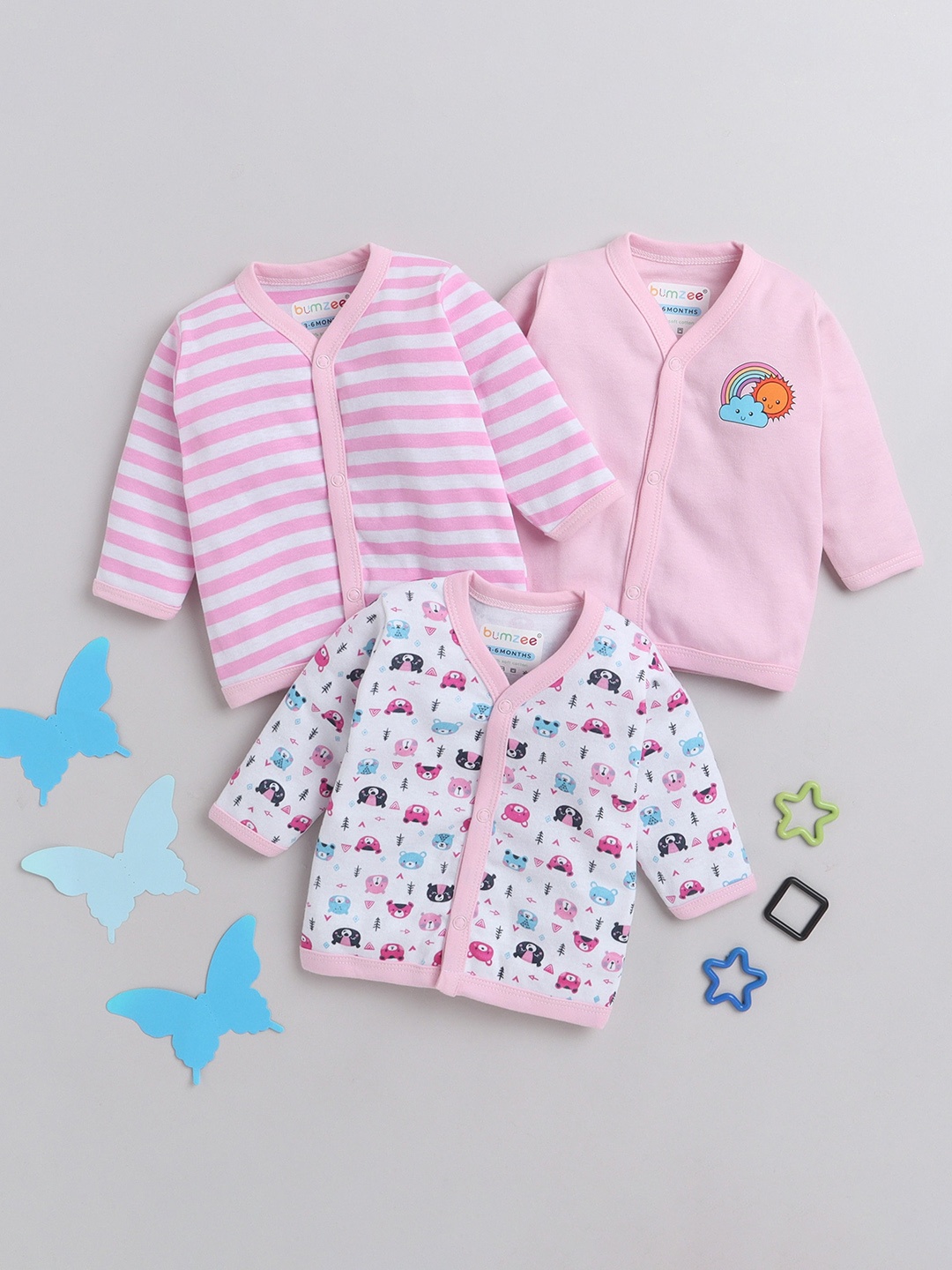 

BUMZEE Infant Girls Pack Of 3 Cotton Long Sleeves Jhabla, Pink