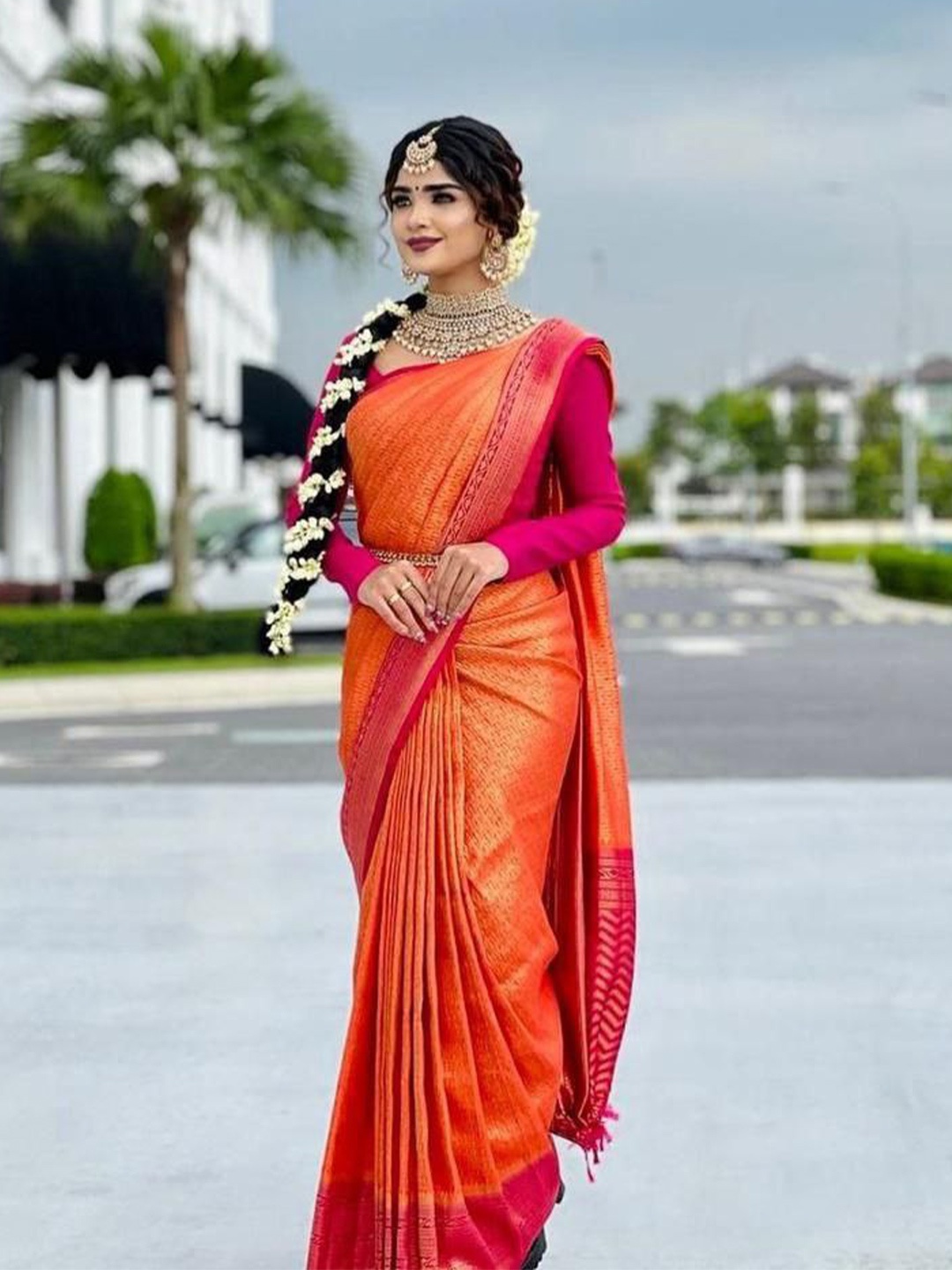 

TIEXA Ethnic Motifs Woven Design Zari Pure Silk Banarasi Saree, Orange