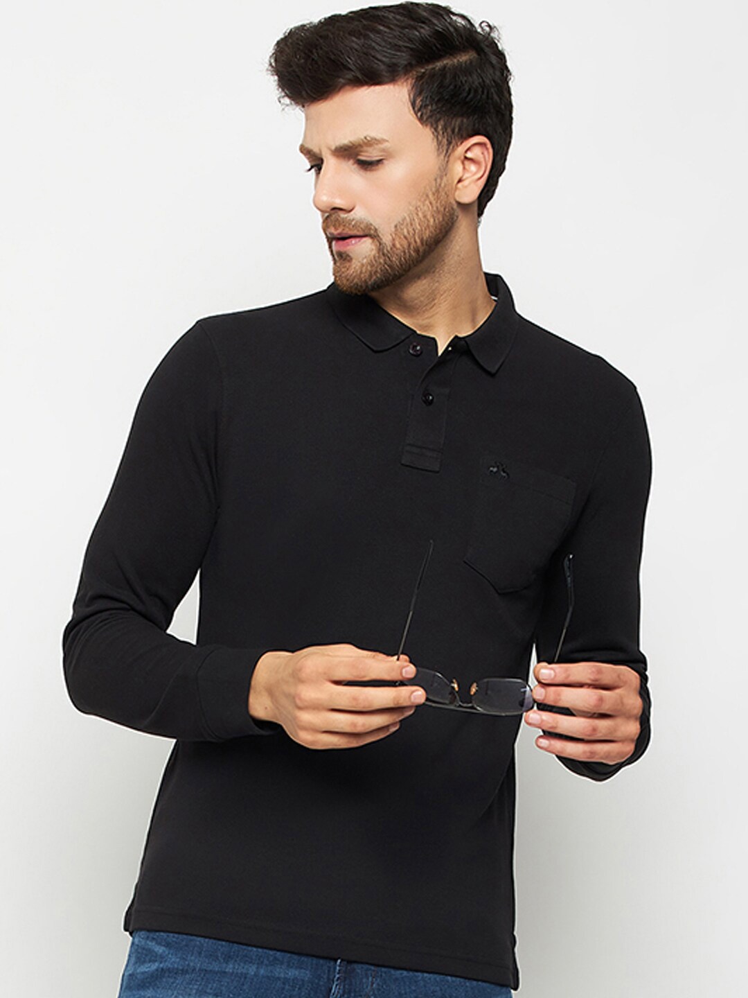 

98 Degree North Polo Collar Long Sleeve Pockets Cotton Regular T-shirt, Black