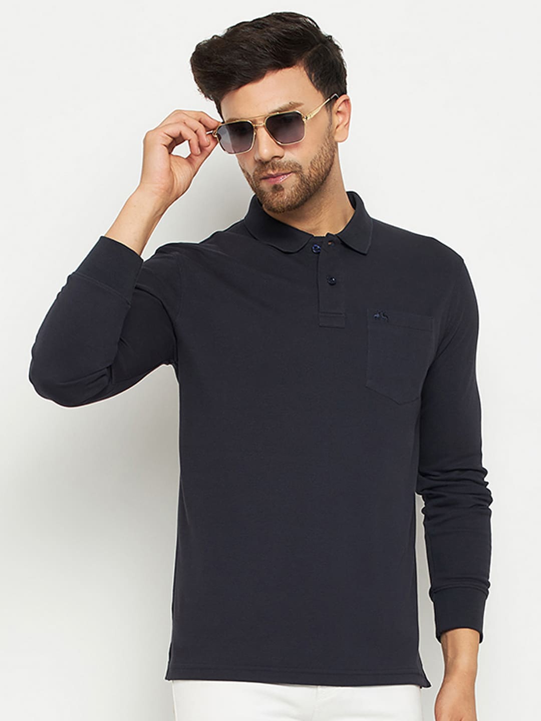 

98 Degree North Polo Collar Long Sleeve Pockets Cotton Regular T-shirt, Navy blue