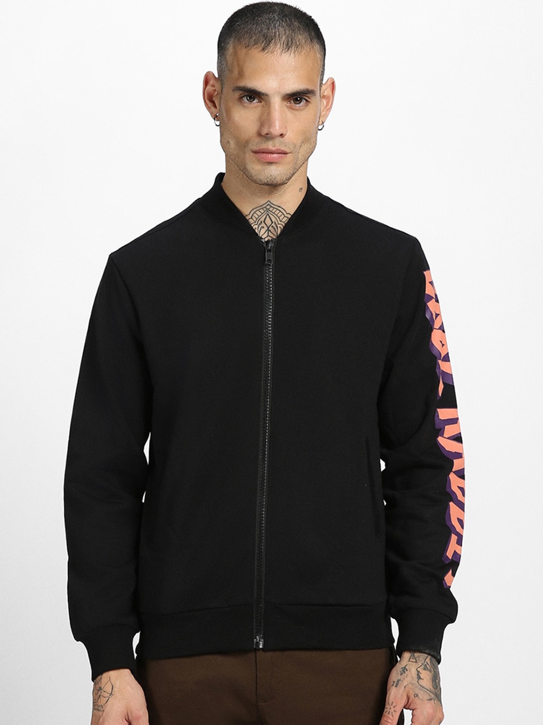 

VEIRDO Black Graphic Printed Stand Collar Fleece Bomber Jacket