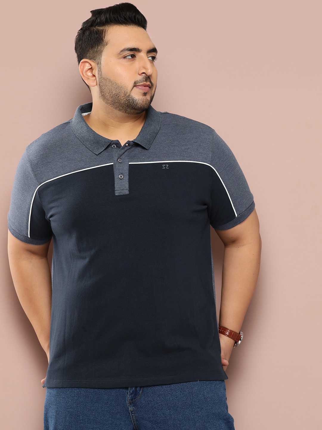

Sztori Men Plus Size Colourblocked Polo Collar Pure Cotton T-shirt, Navy blue