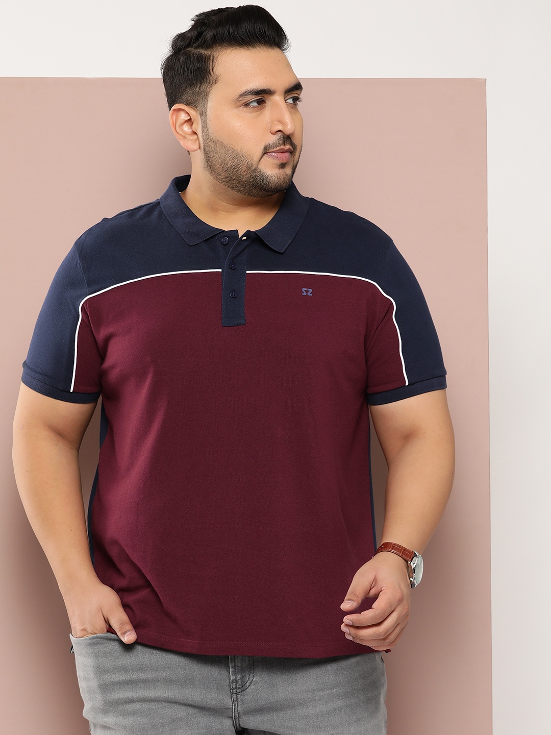 

Sztori Men Plus Size Colourblocked Polo Collar Pure Cotton T-shirt, Navy blue