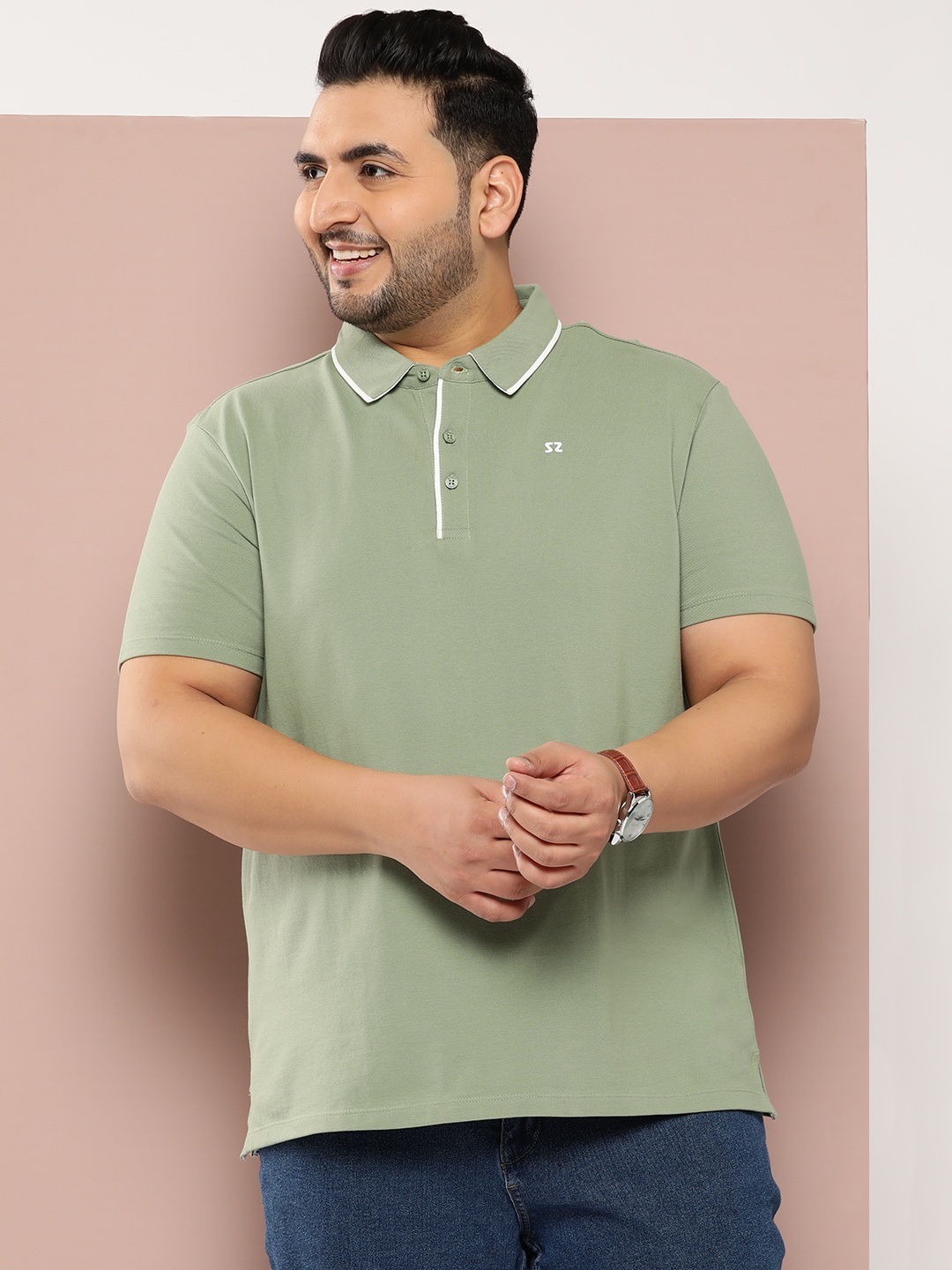 

Sztori Men Plus Size Polo Collar Pure Cotton T-shirt, Green