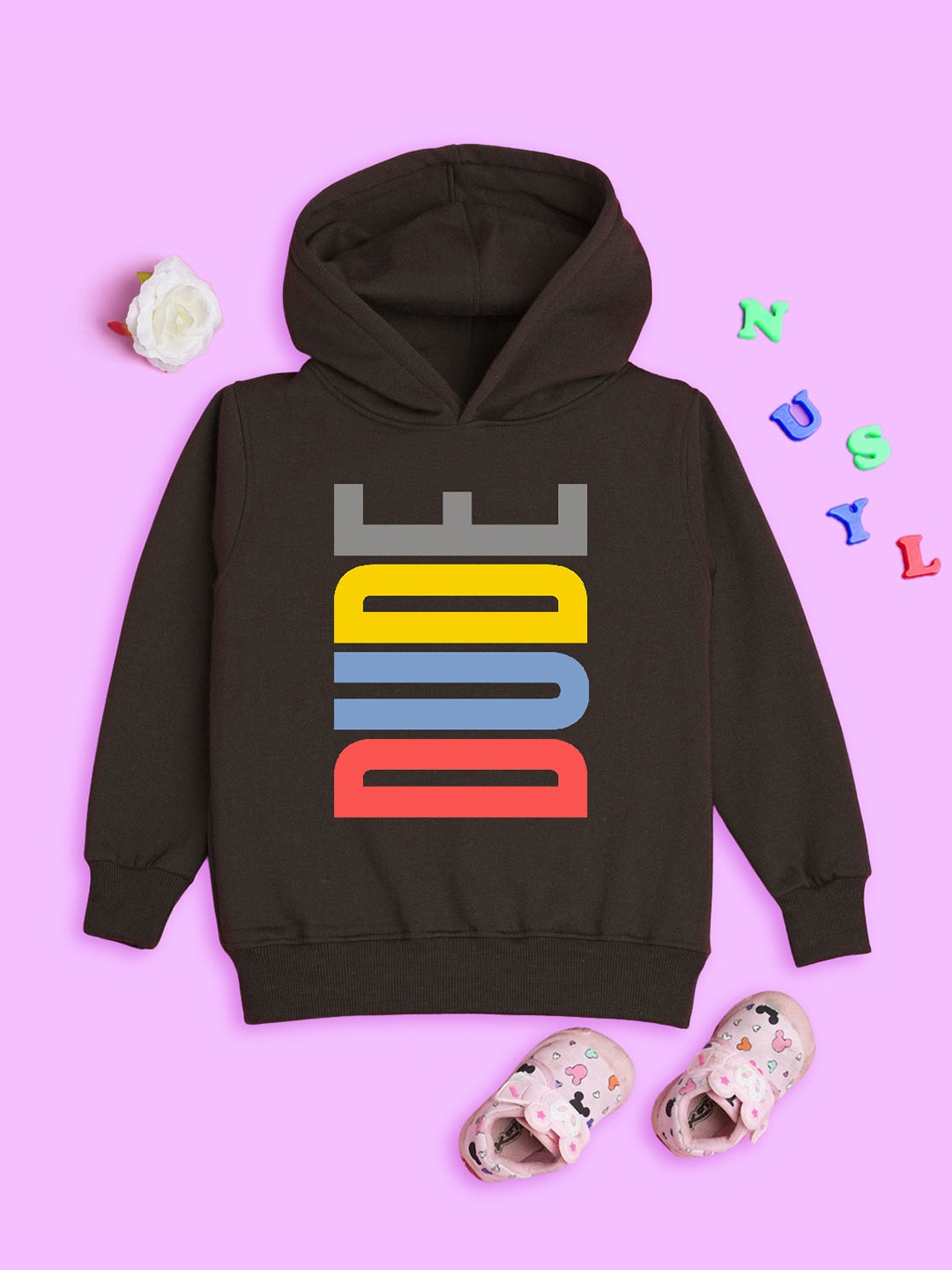

NUSYL Kids Typography Printed Hooded Fleece Pullover Sweatshirt, Brown