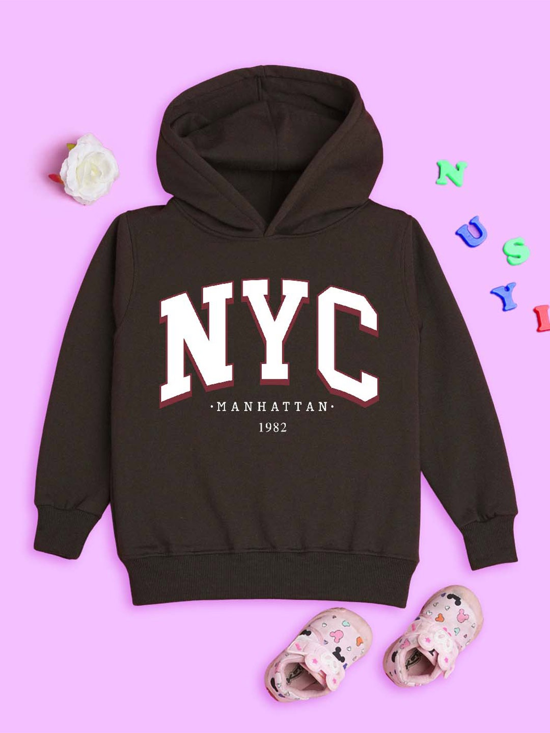 

NUSYL Kids Typography Printed Hooded Long Sleeves Fleece Pullover Sweatshirt, Brown