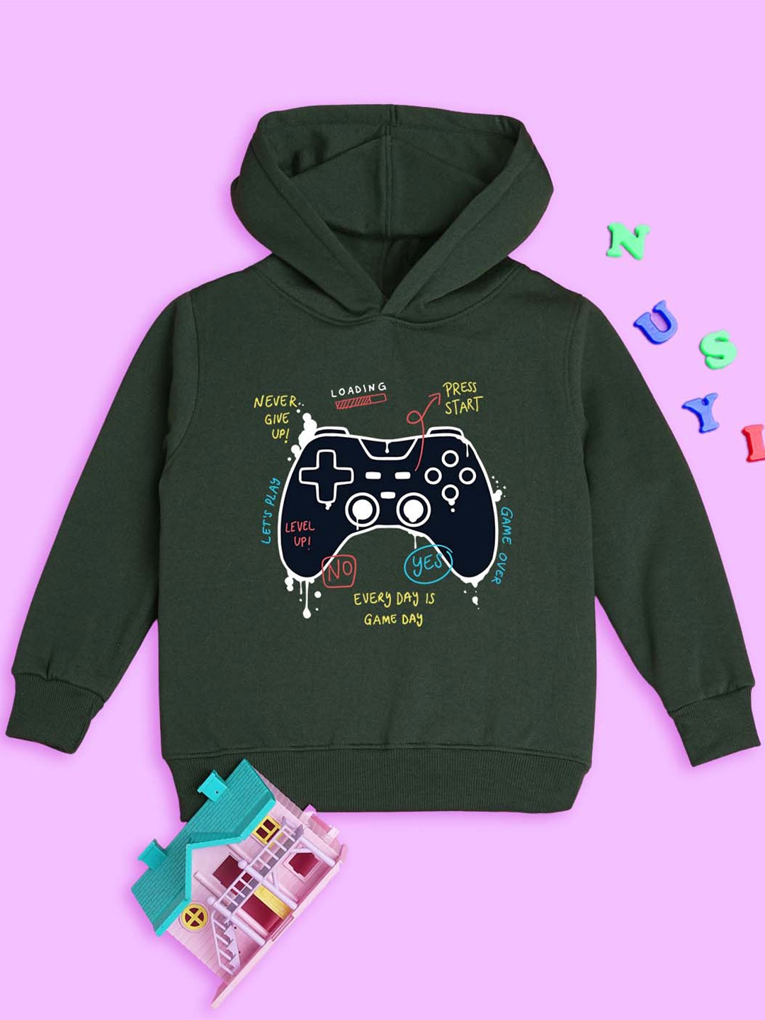 

NUSYL Kids Graphic Printed Hooded Sweatshirt, Olive