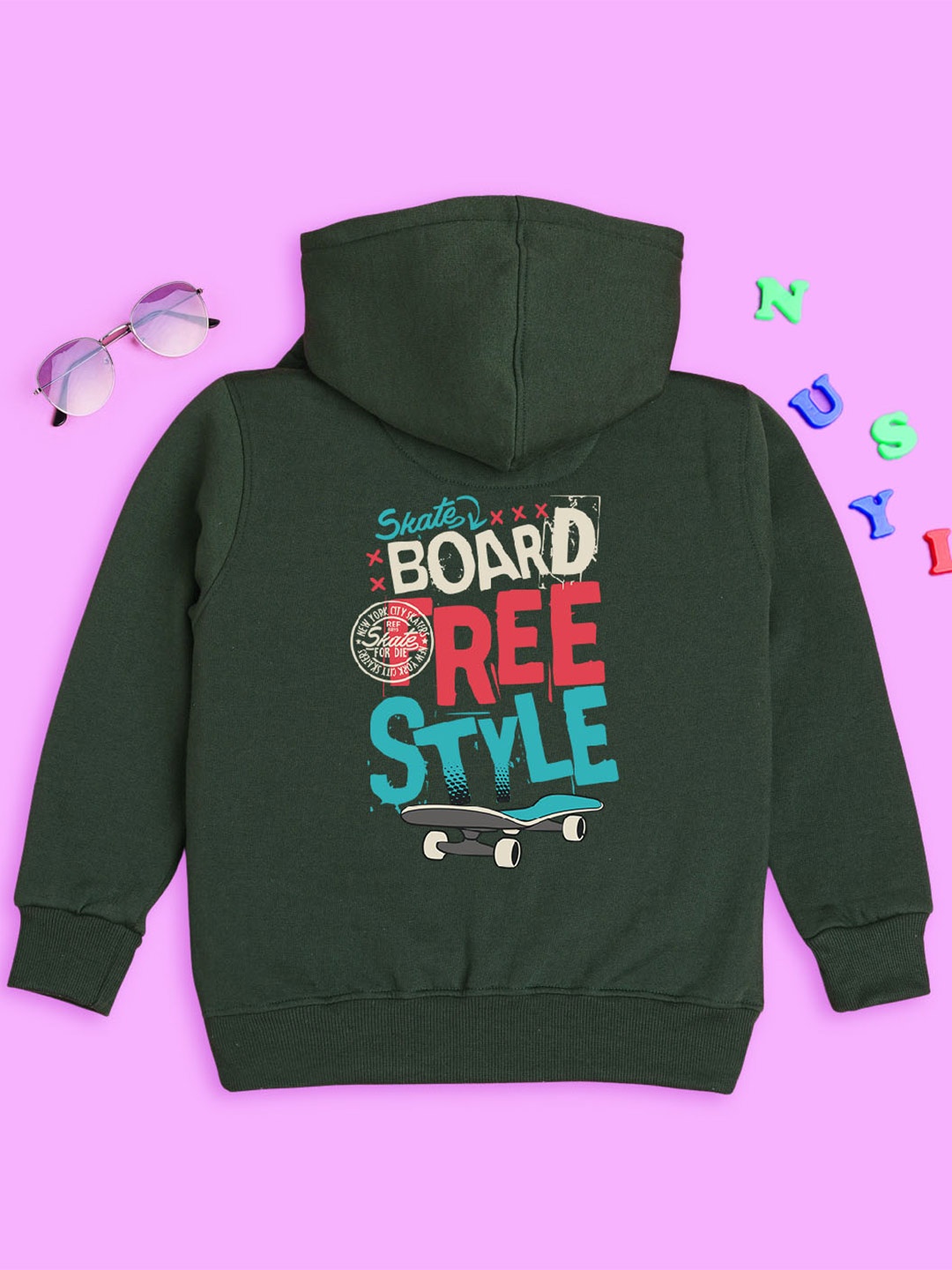 

NUSYL Kids Typography Printed Hooded Fleece Pullover, Green