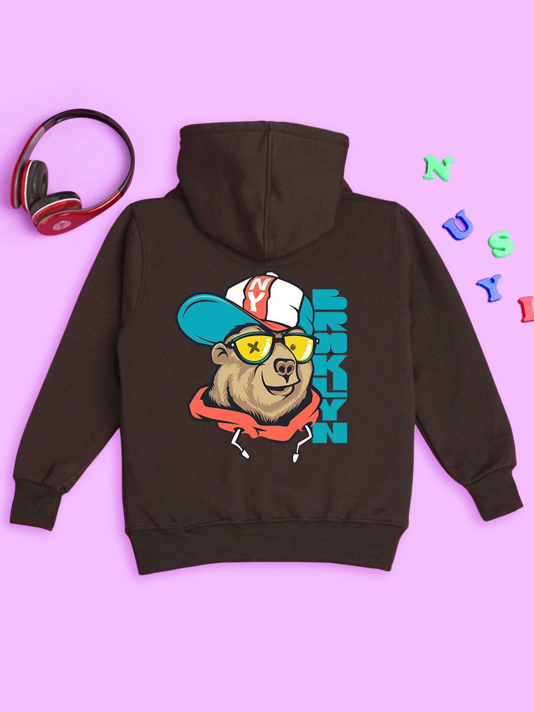 

NUSYL Kids Graphic Printed Hooded Fleece Pullover, Brown