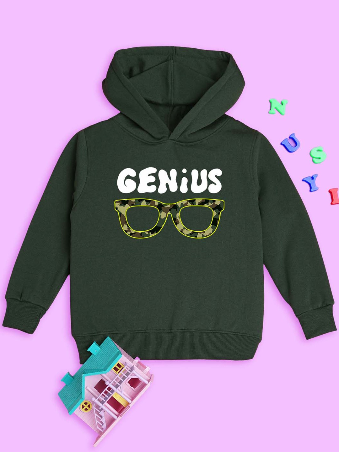 

NUSYL Kids Graphic Printed Hooded Fleece Pullover, Green