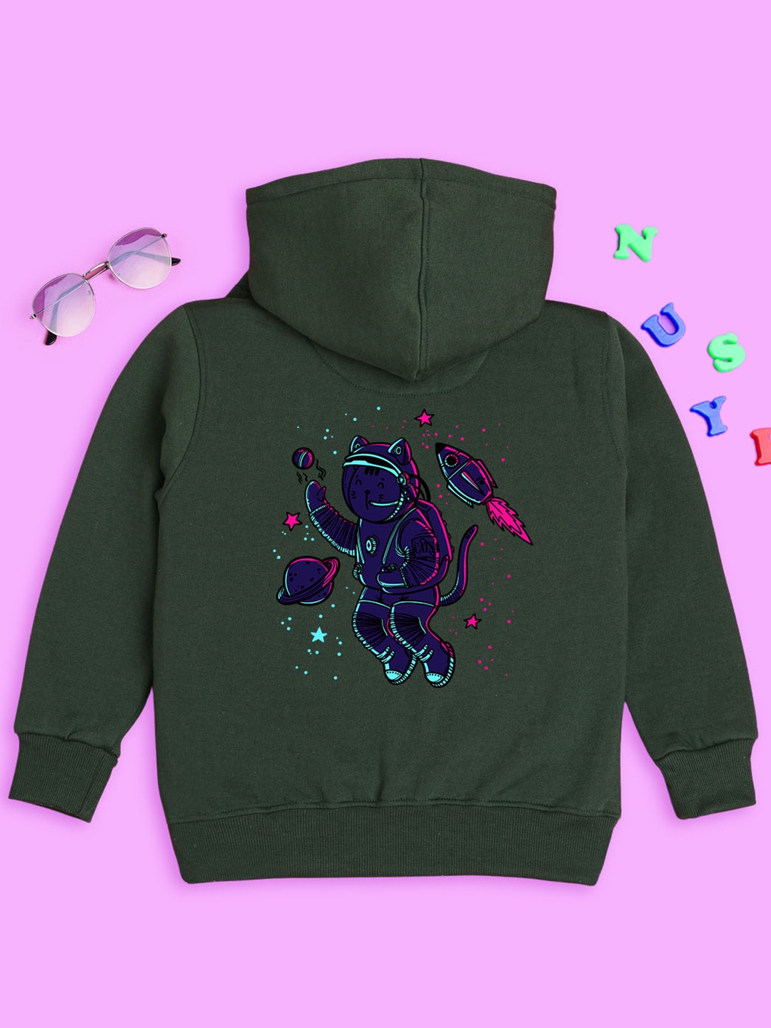 

NUSYL Kids Graphic Printed Hooded Fleece Pullover, Green
