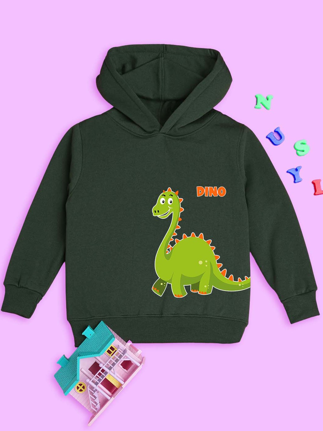 

NUSYL Kids Dinosaur Printed Ribbed Hooded Sweatshirt, Green