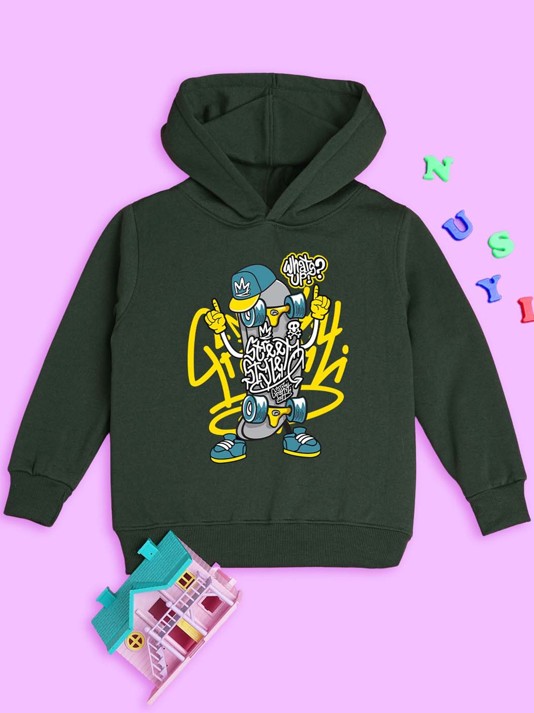 

NUSYL Kids Graphic Printed Long Sleeves Hooded Pullover Sweatshirt, Green