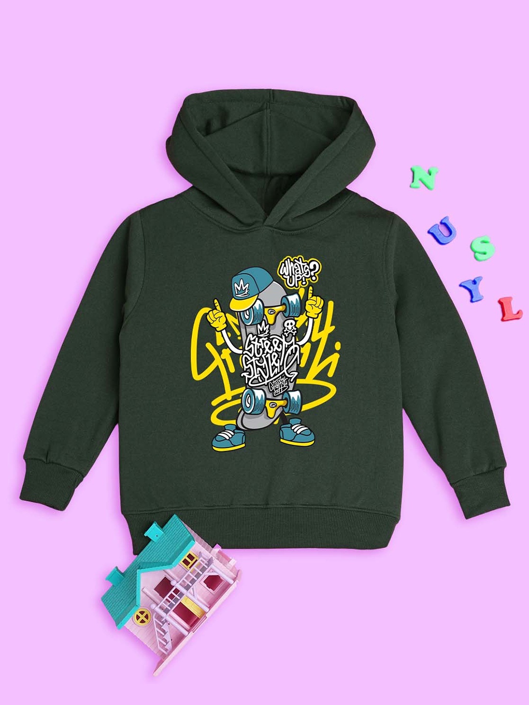 

NUSYL Kids Graphic Printed Long Sleeves Hooded Pullover Sweatshirt, Green