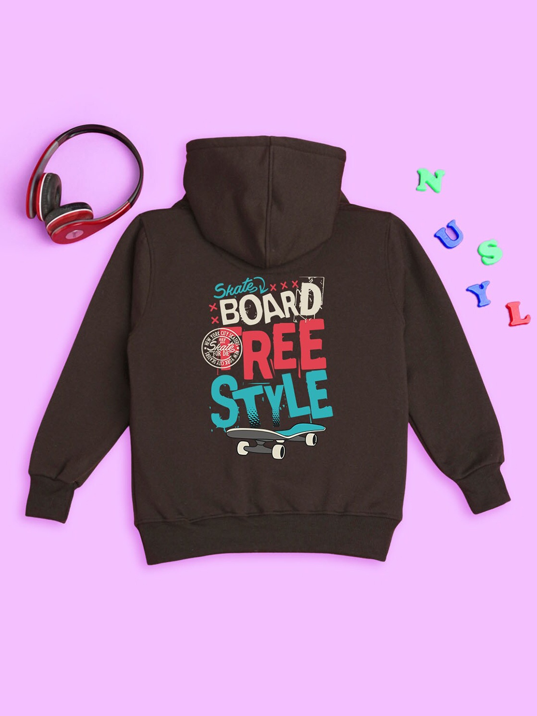 

NUSYL Kids Typography Printed Long Sleeves Hooded Pullover Sweatshirt, Brown