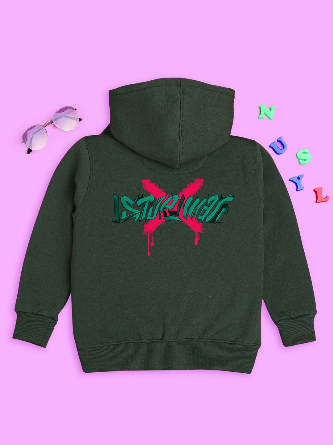 

NUSYL Kids Typography Printed Hooded Fleece Pullover Sweatshirt, Green