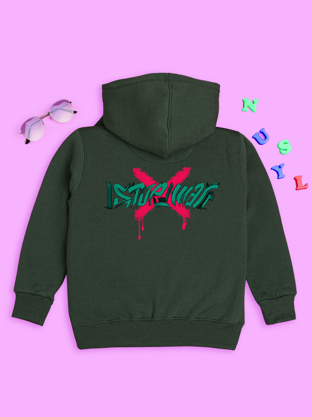 

NUSYL Kids Typography Printed Hooded Pullover, Green