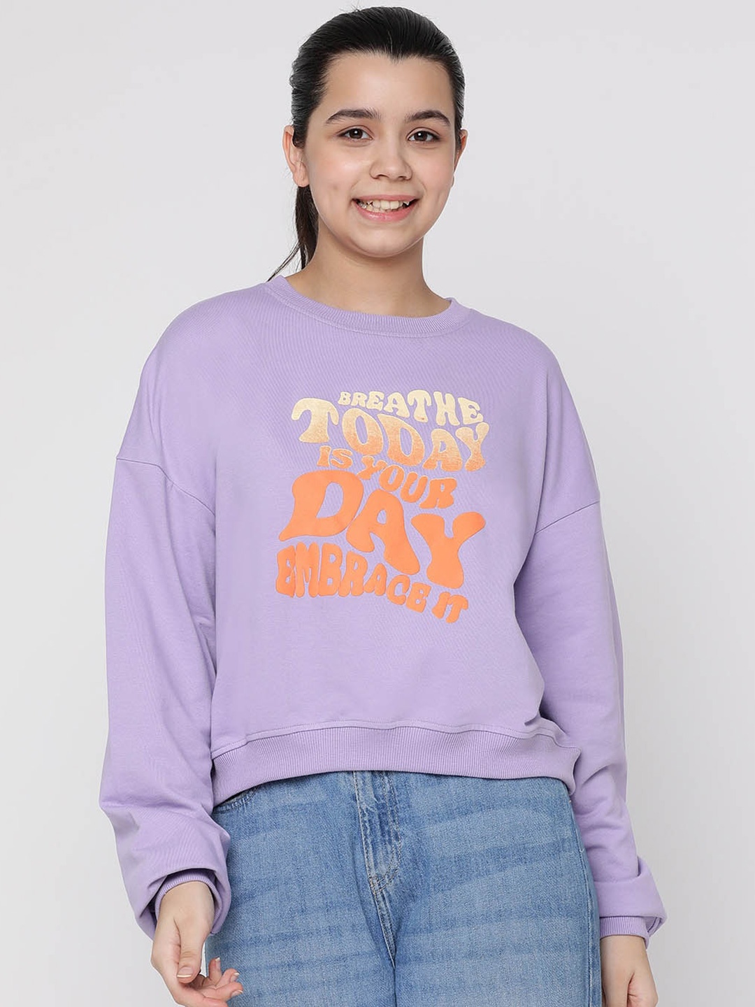 

Lil Tomatoes Girls Typography Printed Round Neck Long Sleeve Pullover Sweatshirt, Purple