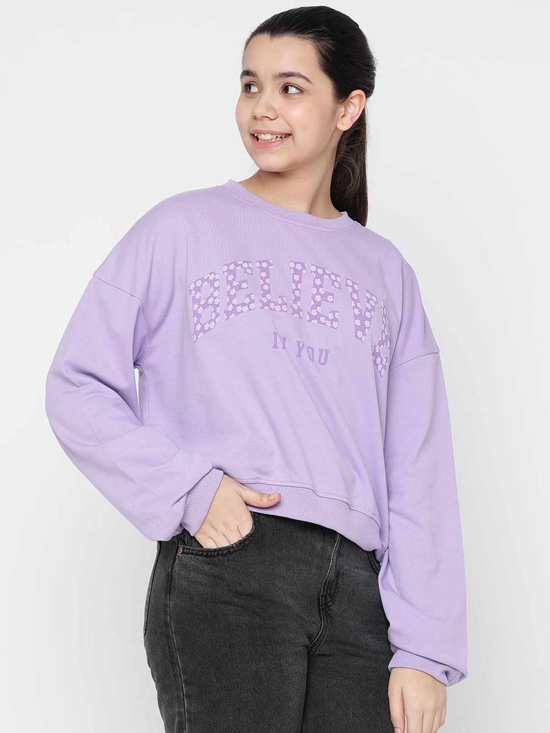 

Lil Tomatoes Girls Typography Printed Round Neck Long Sleeve Pullover Sweatshirt, Purple
