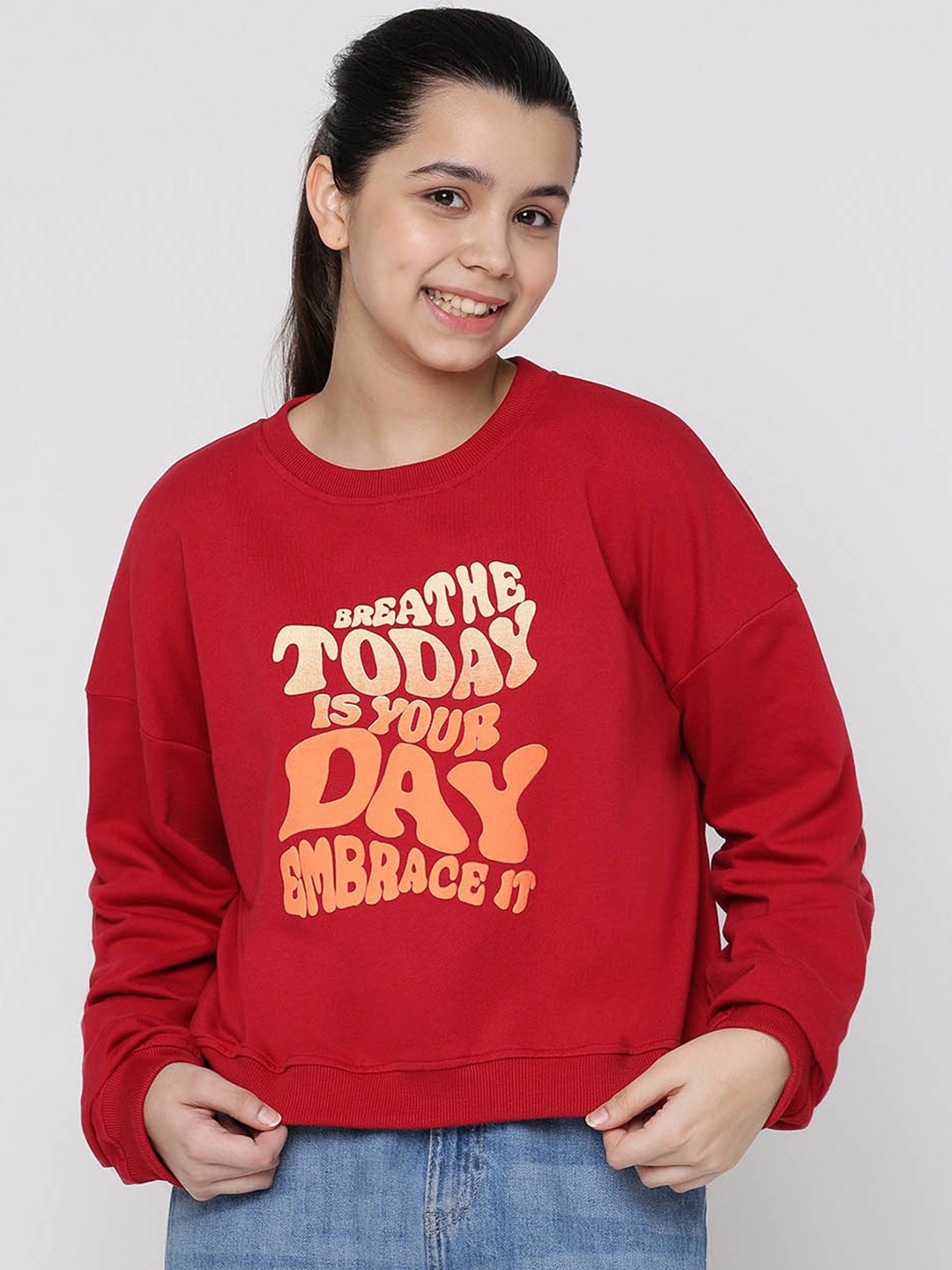 

Lil Tomatoes Girls Typography Printed Round Neck Long Sleeve Pullover Sweatshirt, Red