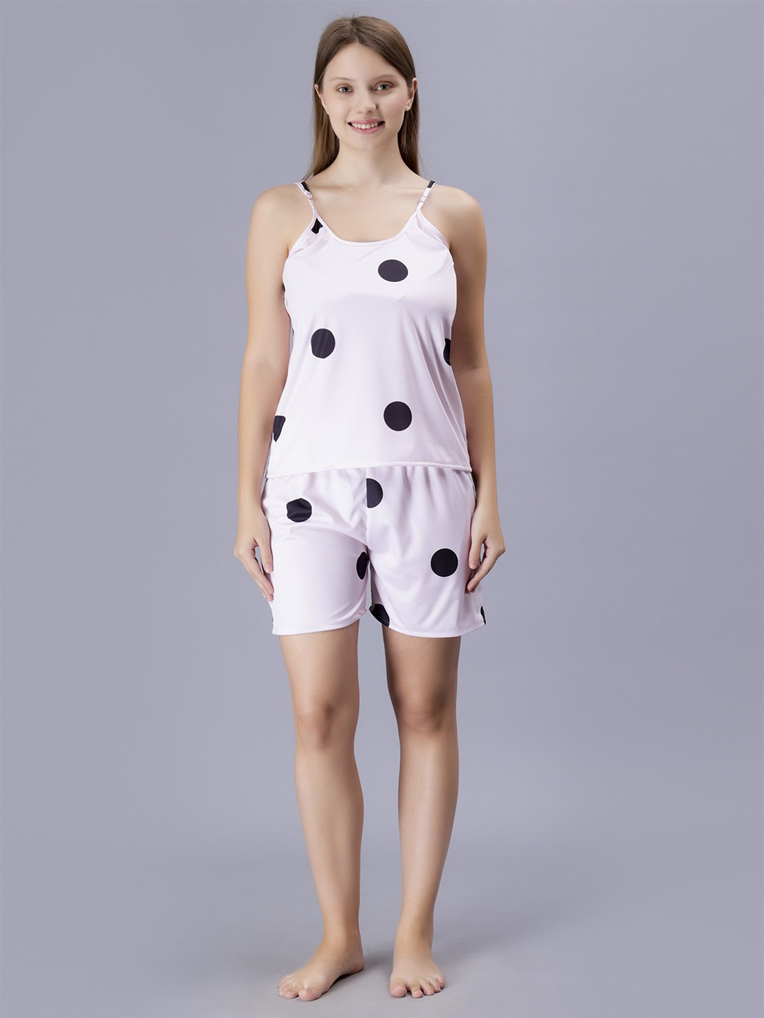 

XPIOX Polka Dot Printed Satin Shoulder Straps Cami & Shorts, White