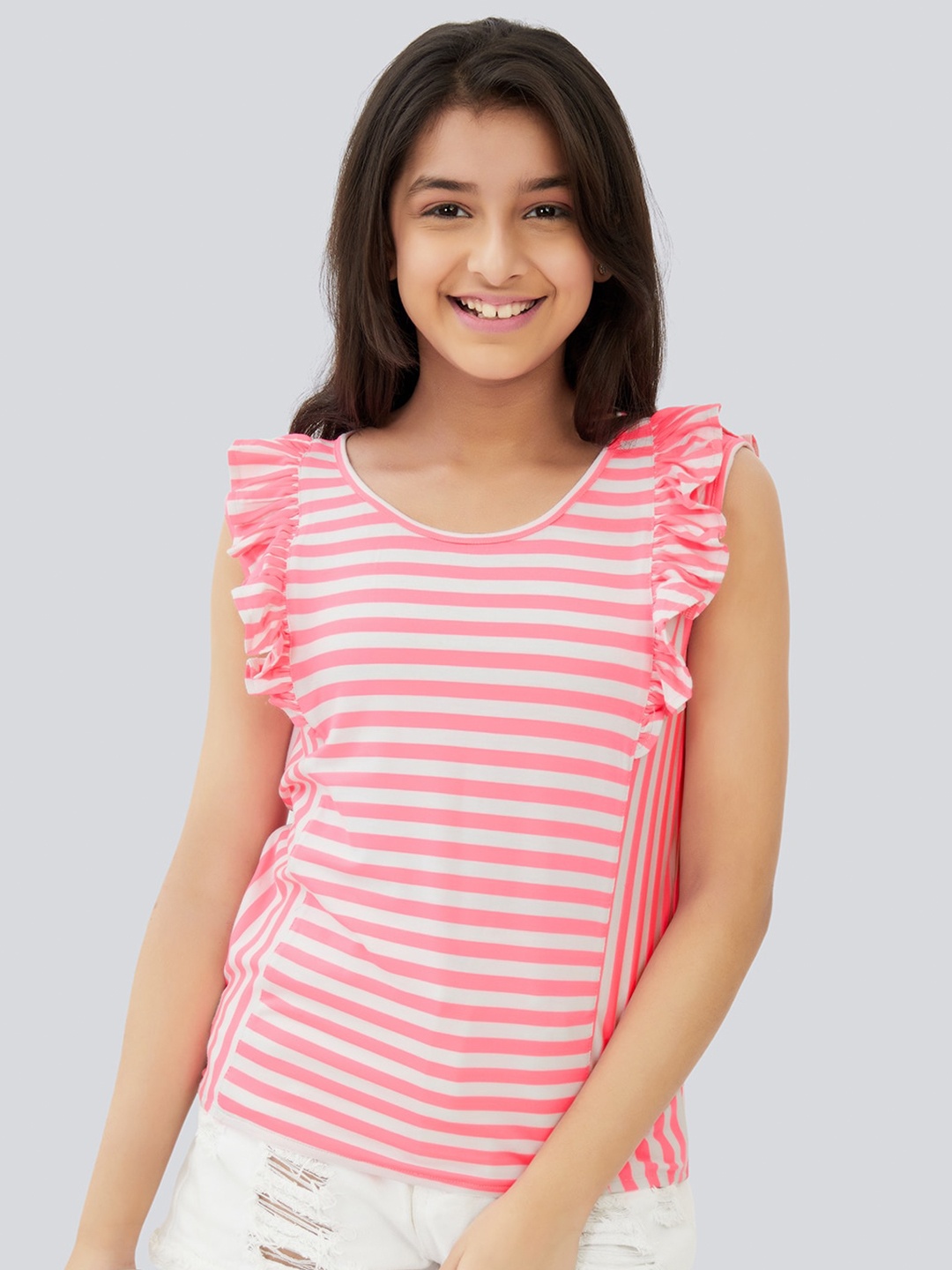 

Olele Girls Candy Stripes Regina Ruffles Cotton Top, Pink