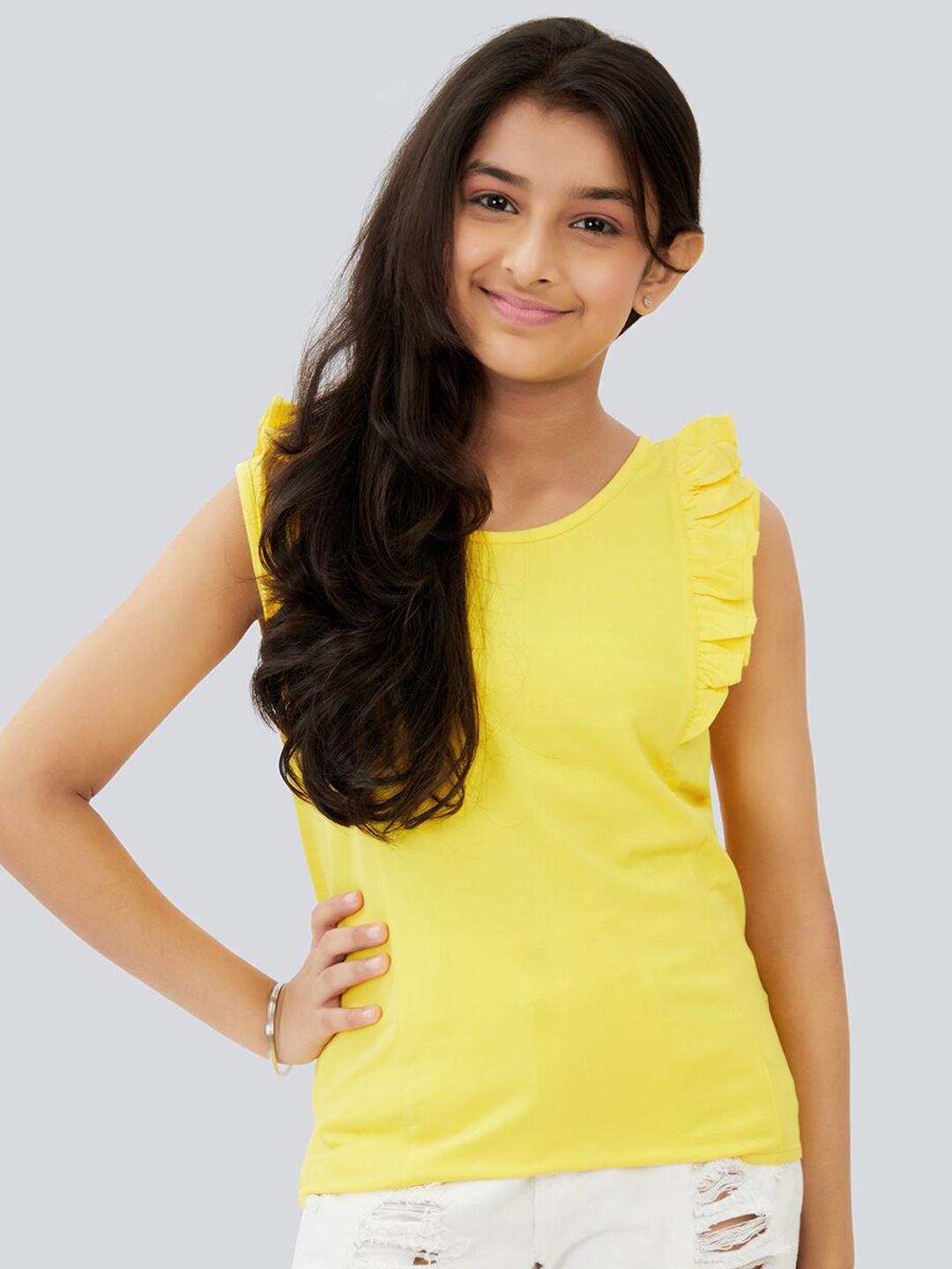 

Olele Girls Round Neck Regina Ruffles Cotton Top, Yellow