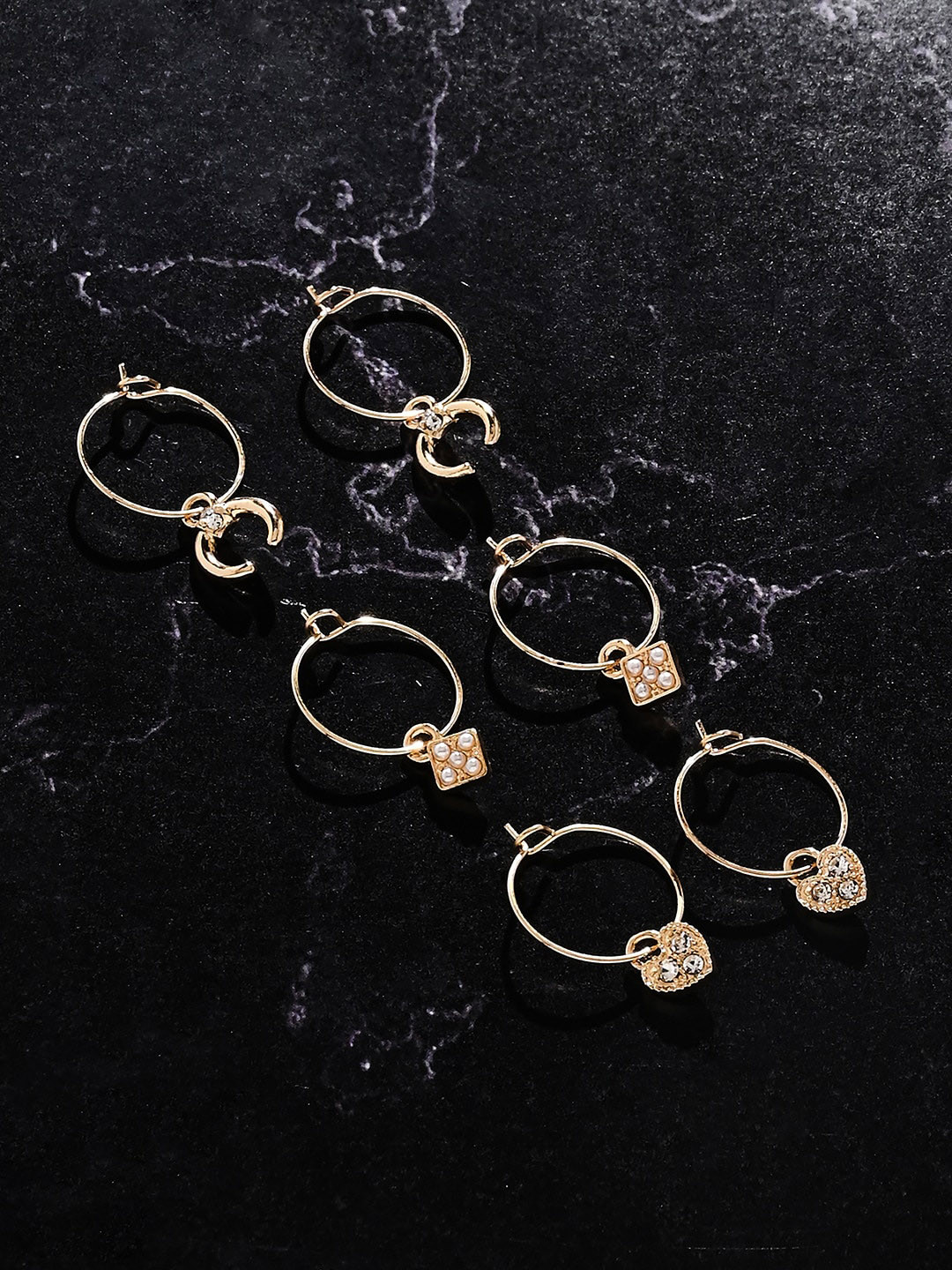 

Accessorize Set of 3 Gem Heart Classic Hoop Style Drop Earrings, Gold