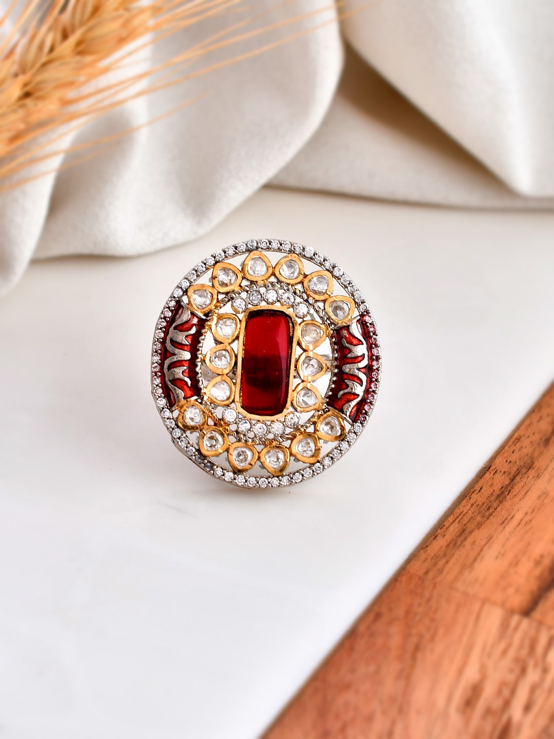 

DASTOOR Gold Plated Kundan Studded Adjustable Finger Ring