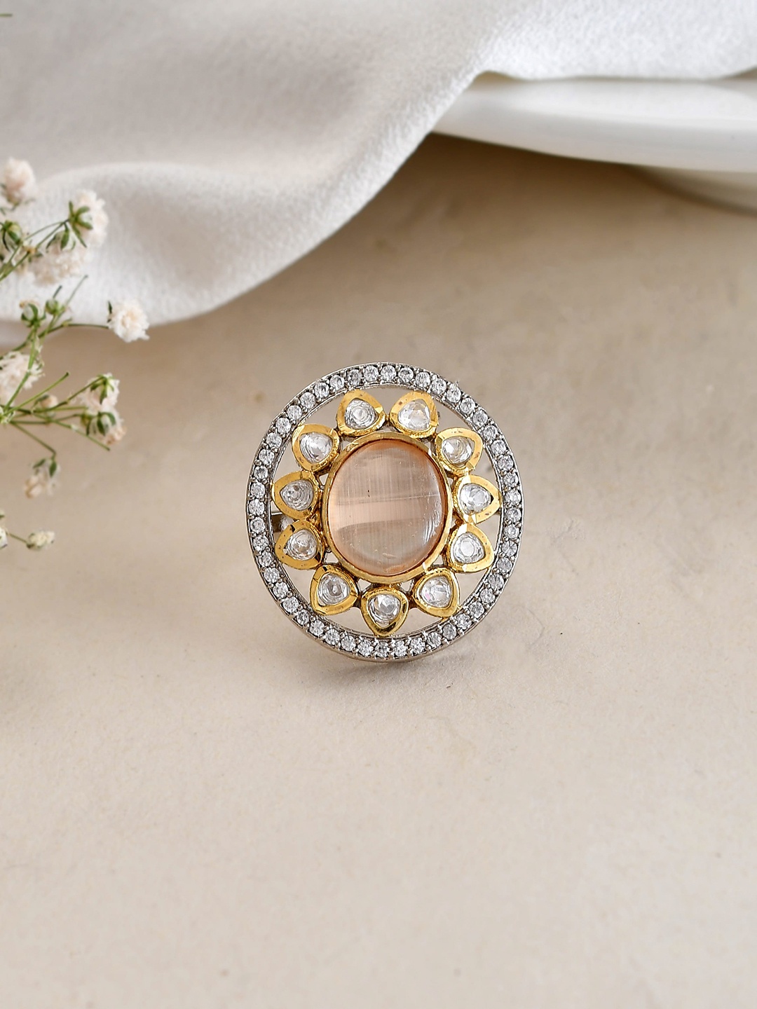

DASTOOR Gold Plated Kundan & Stone Studded Adjustable Finger Ring