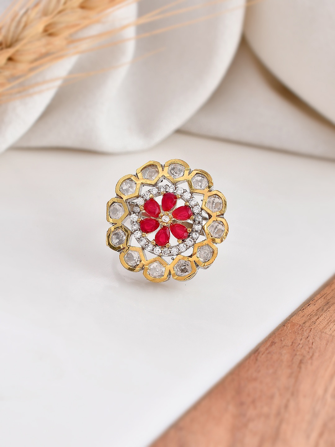 

DASTOOR Gold Plated Kundan Stone Studded Adjustable Finger Ring