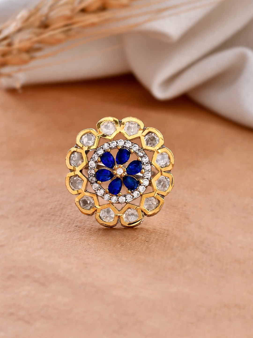 

DASTOOR Gold Plated Kundan Stone Studded Adjustable Finger Ring, Blue
