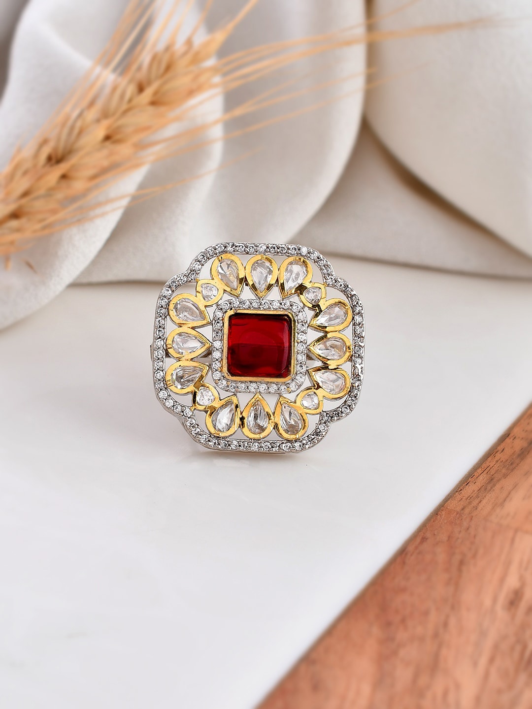 

DASTOOR Gold Plated Kundan Stone Studded Adjustable Finger Ring